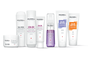 Different Goldwell Dualsenses products in a row and bright background